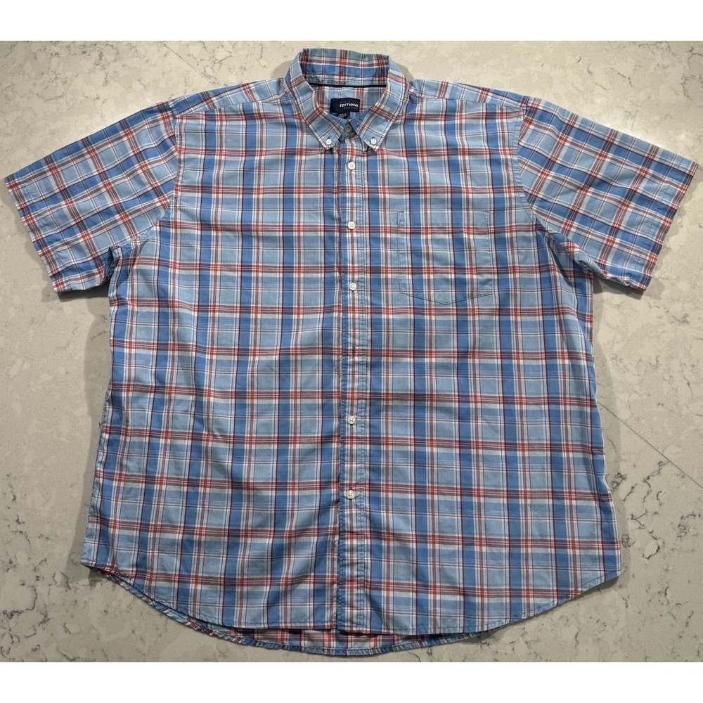 Basic Editions Mens 2XL Blue Red Plaid Short Sleeve Button Down Shirt Easy Care